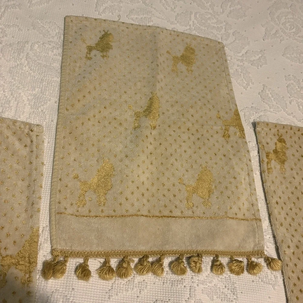 Poodle‎ Hand Towels Gold Cream All Over Print Fancy VTG 3 Fringed